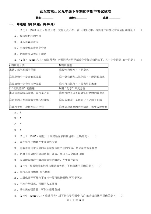 武汉市洪山区九年级下学期化学期中考试试卷