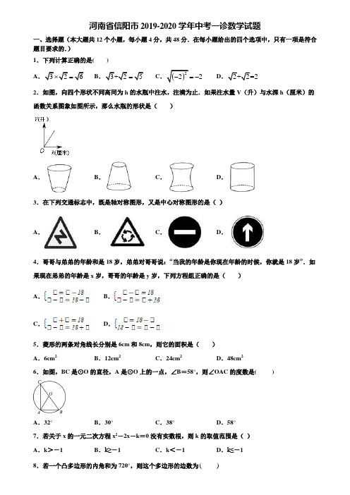 河南省信阳市2019-2020学年中考一诊数学试题含解析