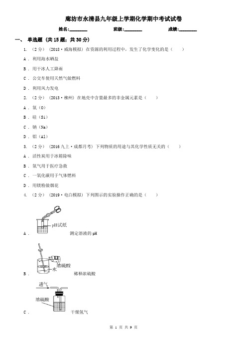 廊坊市永清县九年级上学期化学期中考试试卷