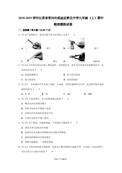 2018-2019学年江苏省常州市武进区桥北中学九年级(上)期中物理试卷