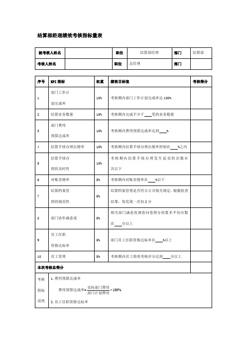 结算部经理绩效考核指标量表