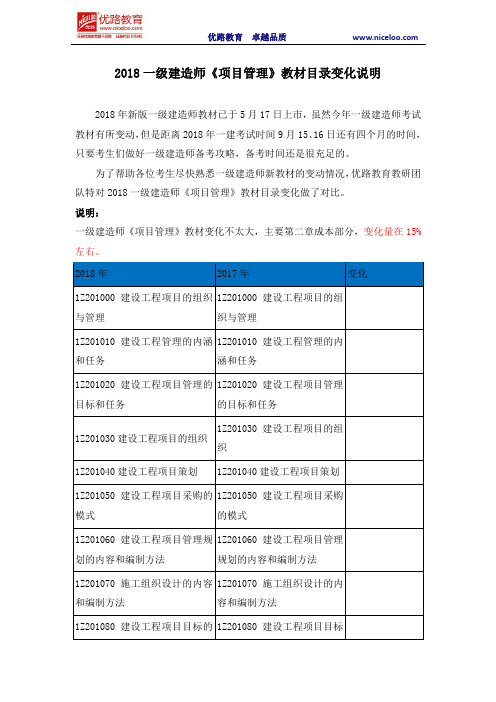 2018一级建造师《项目管理》教材目录变化说明