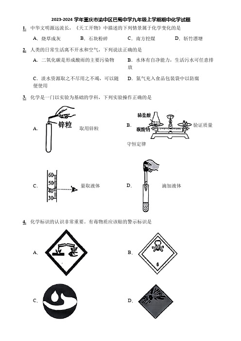 2023-2024学年重庆市渝中区巴蜀中学九年级上学期期中化学试题