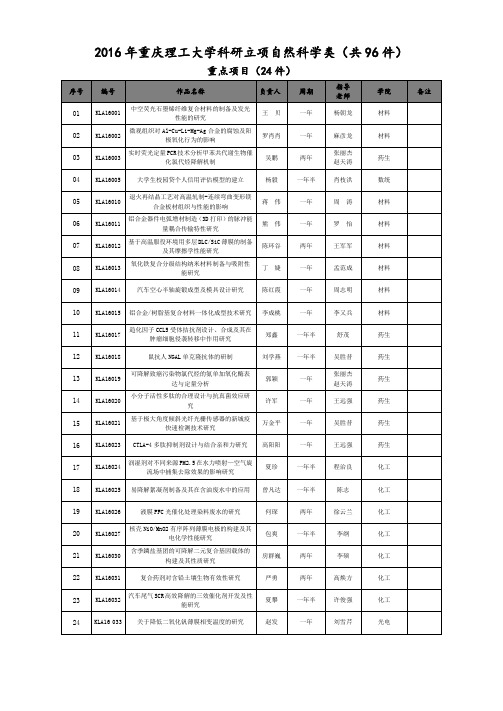 重庆理工大学科研立项自然科学类共96件