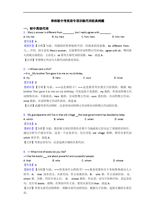 译林版中考英语专项训练代词经典例题