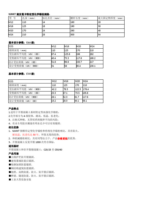 定型化学锚栓设计参考数据