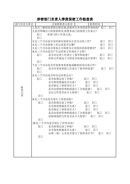 附录8-2涉密部门负责人季度保密工作检查表