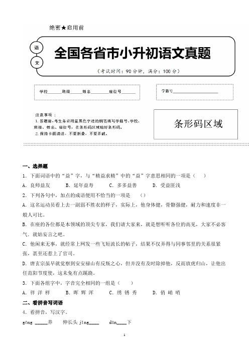 【小升初】2020年福建省厦门市小升初语文毕业会考试题含答案(全网唯一)