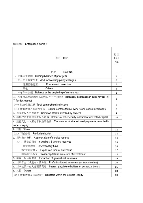 所有者权益变动表-中英文版(含公式)