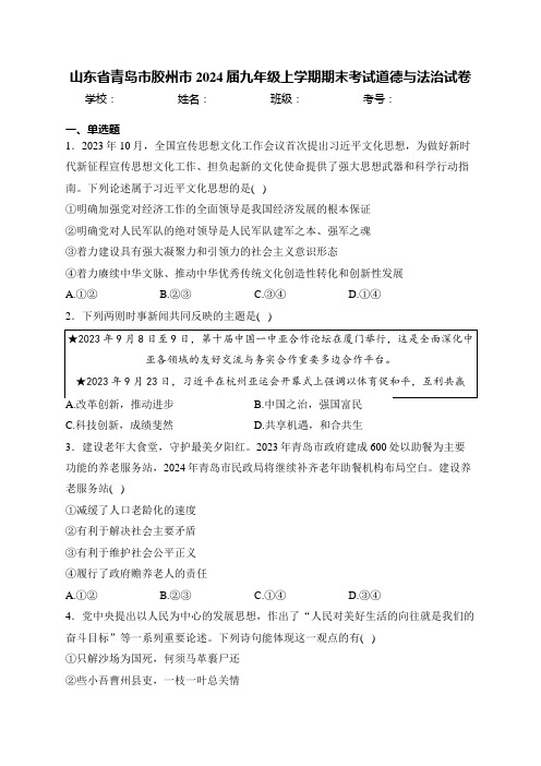 山东省青岛市胶州市2024届九年级上学期期末考试道德与法治试卷(含答案)