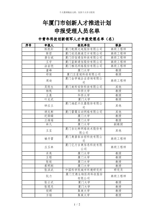 2018年厦门市创新人才推进计划