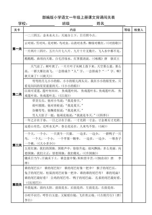 部编版小学语文一年级上册课文背诵闯关表