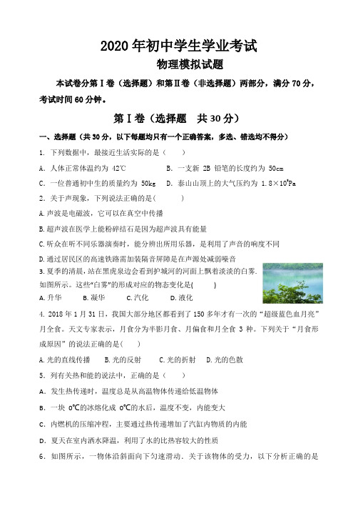 山东省泰安市2019-2020学年物理中考模拟试题(含答案)