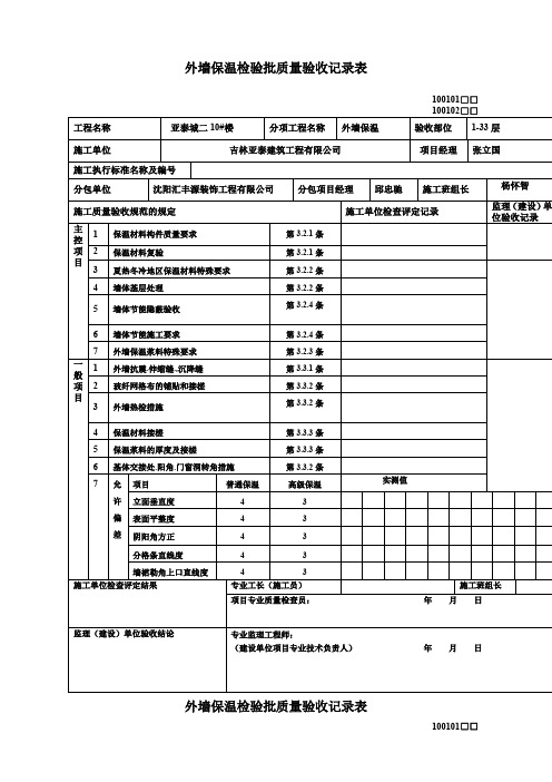 外墙保温检验批质量验收记录表