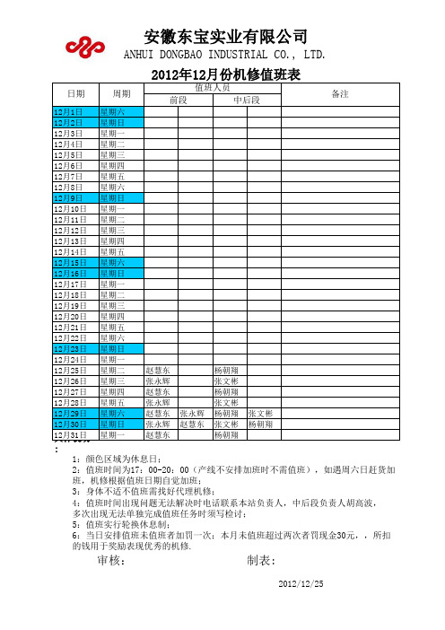 2012机修值班表