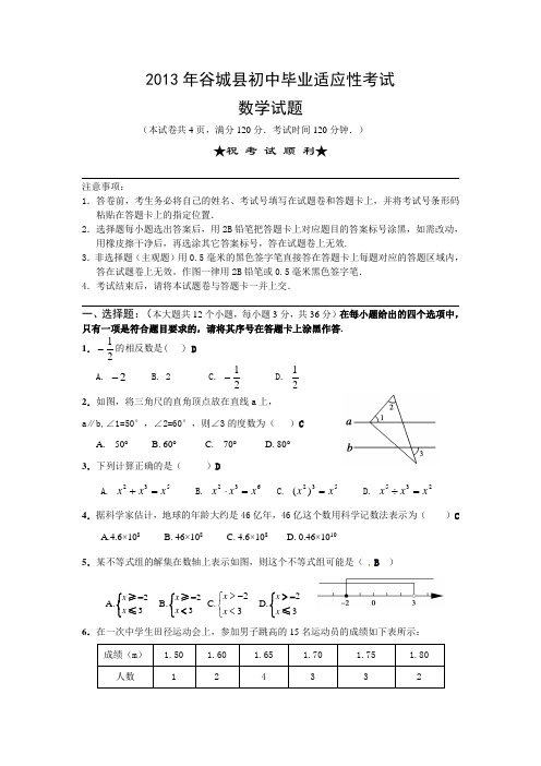 2013年历年湖北省襄阳市谷城县初三数学中考适应性考试试题及答案