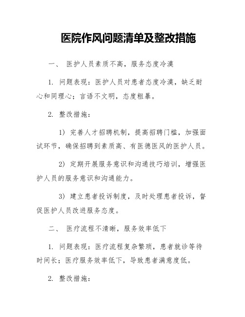 医院作风问题清单及整改措施