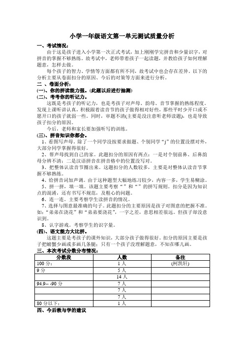 小学一年级语文第一单元测试质量分析