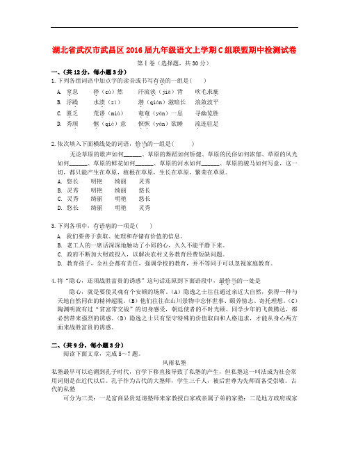 湖北省武汉市武昌区九年级语文上学期C组联盟期中检测试卷 新人教版