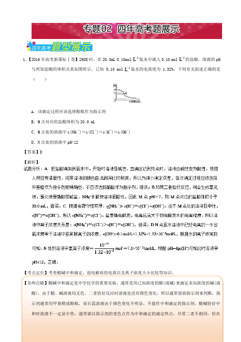 2019年高考题型揭秘之理综化学_题型05_电解质溶液_专题02_四年高考题展示