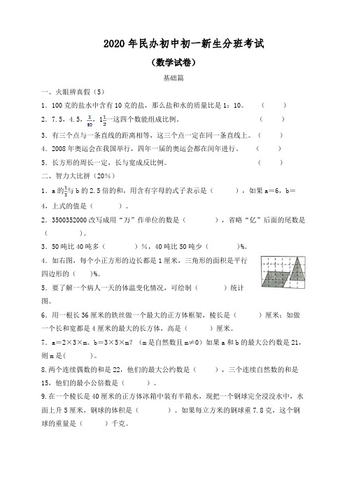 2020年民办中学初一新生分班考试语文数学整套试卷及答案