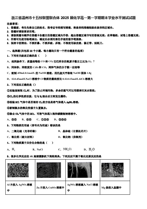 浙江省温州市十五校联盟联合体2025届化学高一第一学期期末学业水平测试试题含解析