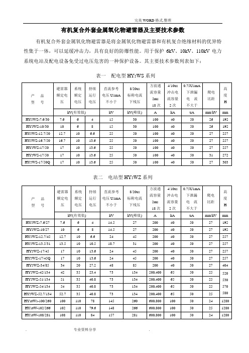 避雷器参数表