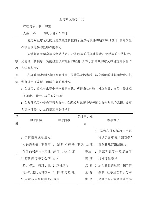 篮球单元教学计划