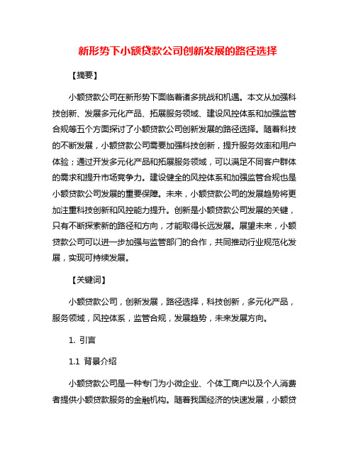 新形势下小额贷款公司创新发展的路径选择