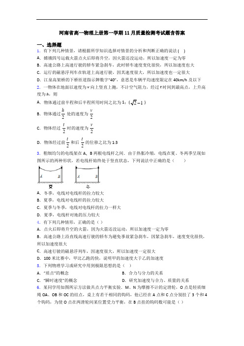 河南省高一物理上册第一学期11月质量检测考试题含答案