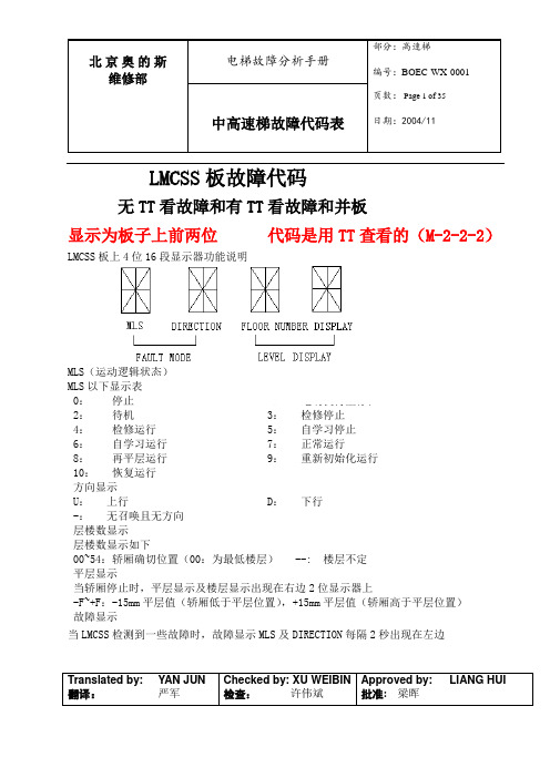 OTIS3200 LMCSS板无TT看故障和有TT看故障代码表