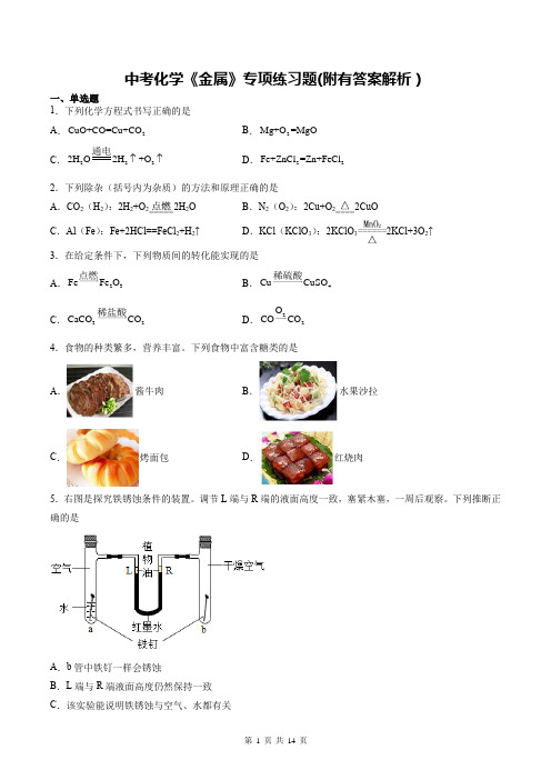 中考化学《金属》专项练习题(附有答案解析)