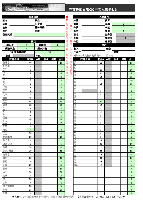 COC6.0自动计算EXCEL人物卡【亲小于制作】15.01.21