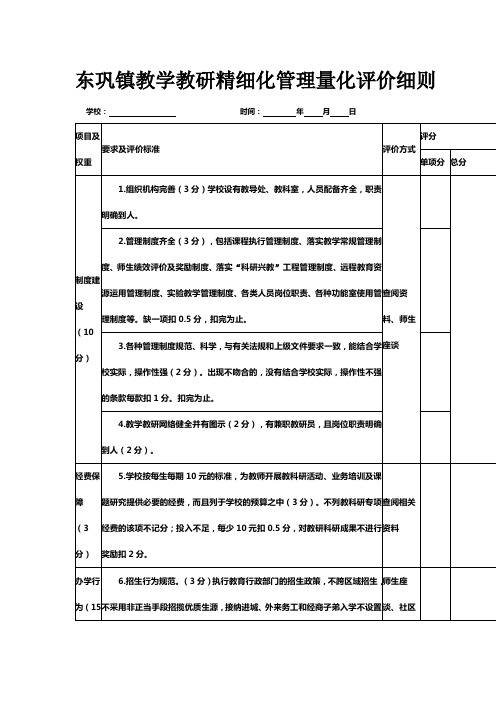 东巩镇教学教研精细化管理量化评价细则