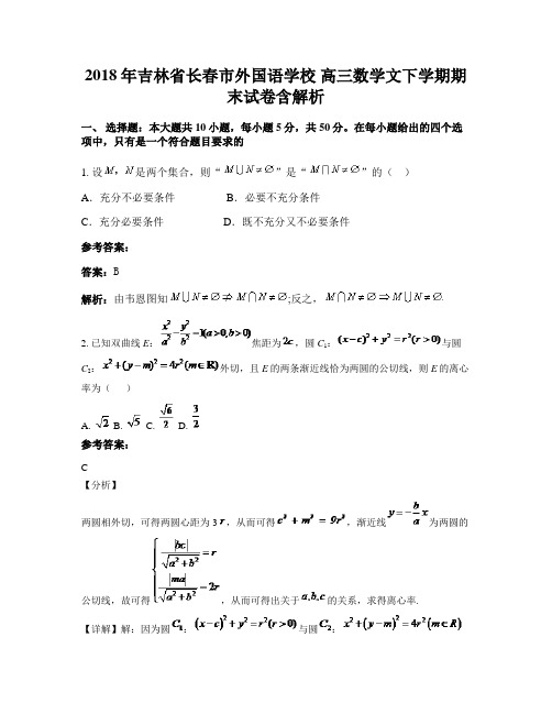 2018年吉林省长春市外国语学校 高三数学文下学期期末试卷含解析