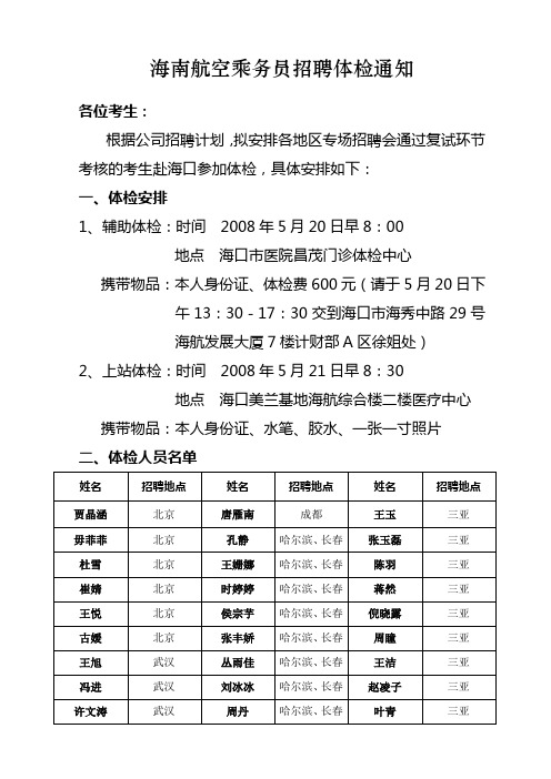 海南航空乘务员招聘体检通知