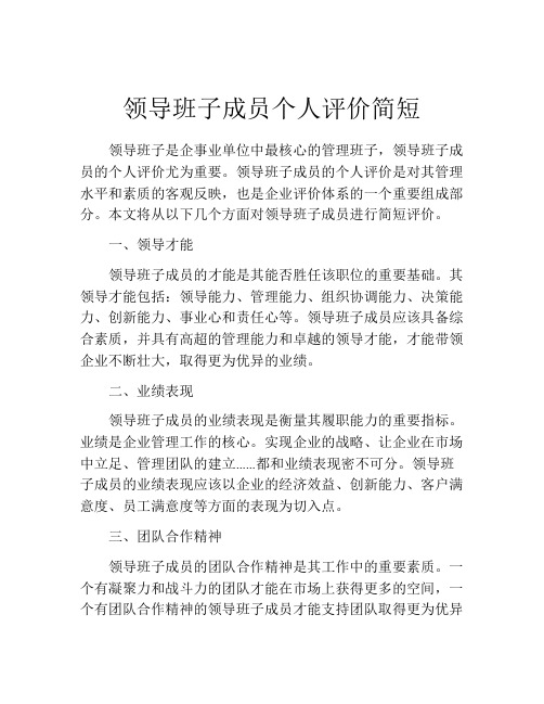 领导班子成员个人评价简短