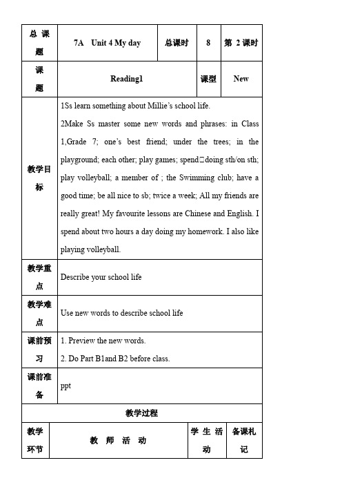 初中七年级英语教案Reading 1 School life-优秀