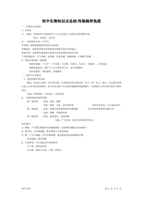 初中生物知识点总结：传染病和免疫