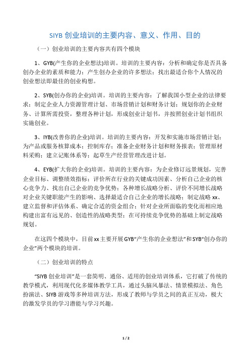 SIYB创业培训内容、意义、作用、目的