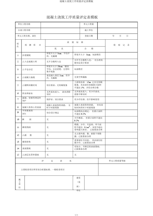 混凝土浇筑工序质量评定表模板