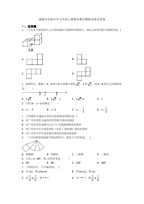 成都市实验中学七年级上册期末数学模拟试卷及答案