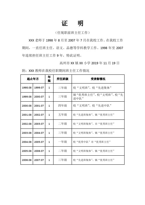 任现职前班主任工作证 明