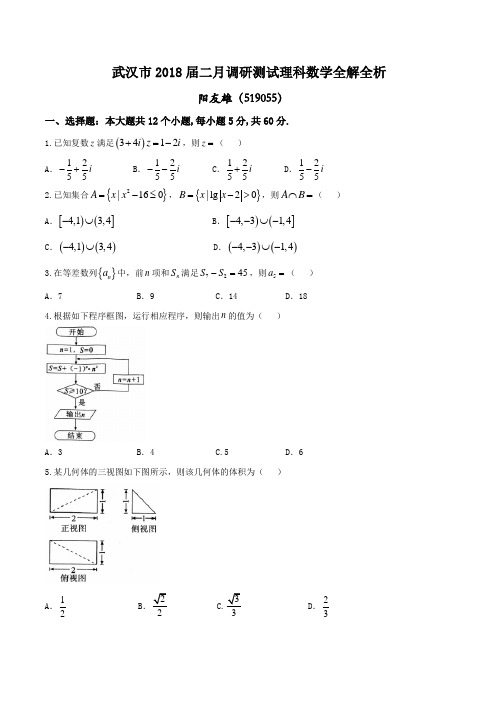 武汉市2018届高中毕业生二月调研测试-理科数学试题及答案