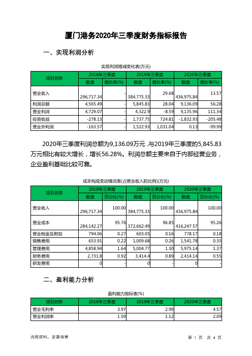 厦门港务2020年三季度财务指标报告