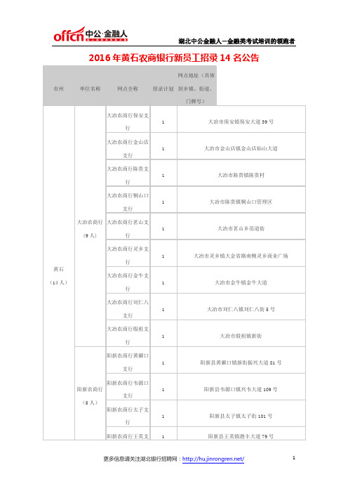 2016年黄石农商银行新员工招录14名公告