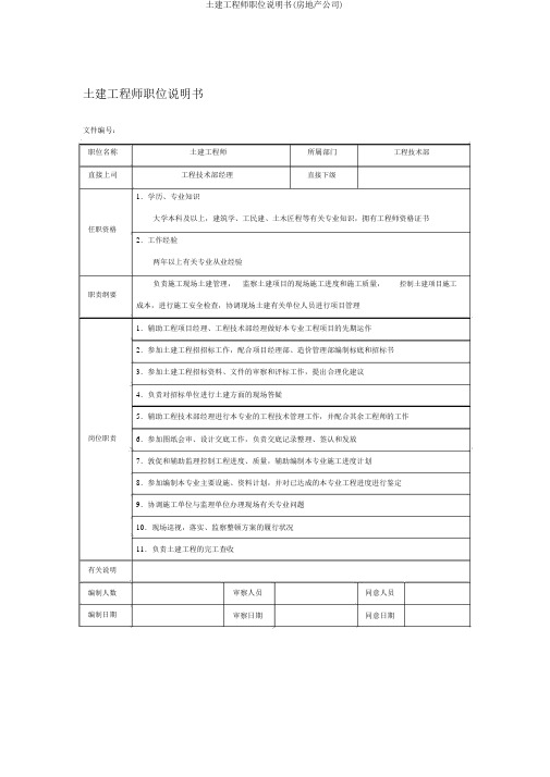 土建工程师职位说明书(房地产企业)