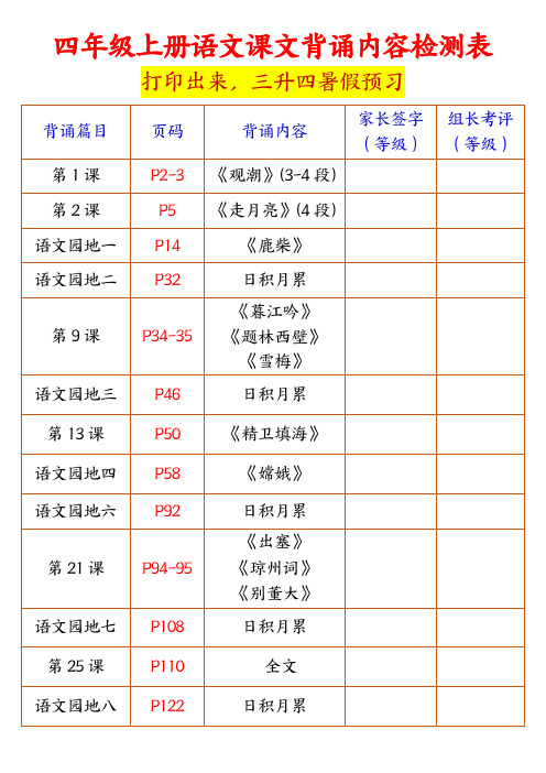 四年级上册语文课文背诵内容检测表