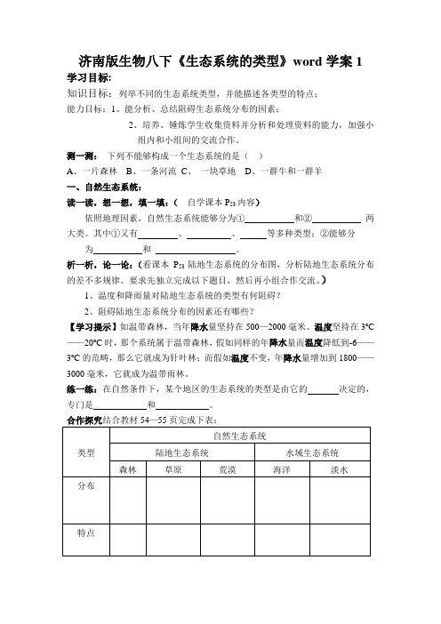 济南版生物八下《生态系统的类型》word学案1