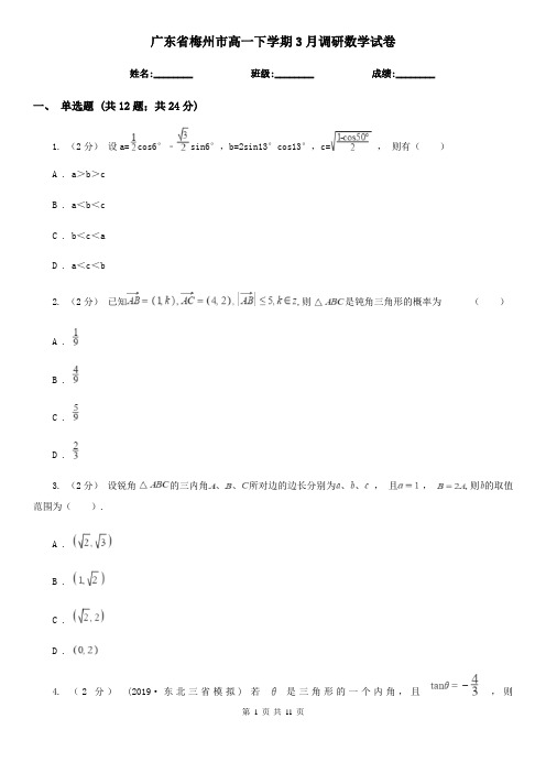 广东省梅州市高一下学期3月调研数学试卷